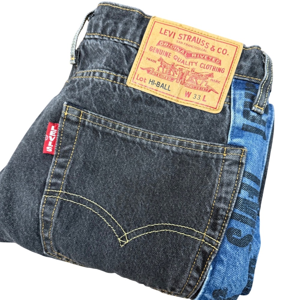 Levi Premium Hi-Ball Jeans Mens 33 Grey Blue Logo Side Stripe Tapered Streetwear